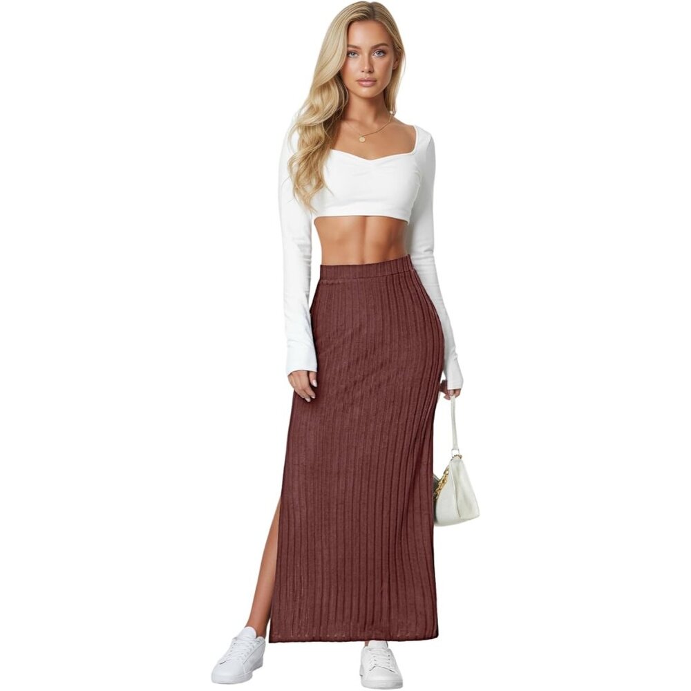 Women's Brown Ribbed Knit Pencil Side Slit High Waisted Bodycon Long Midi Skirt - Picture 5 of 5